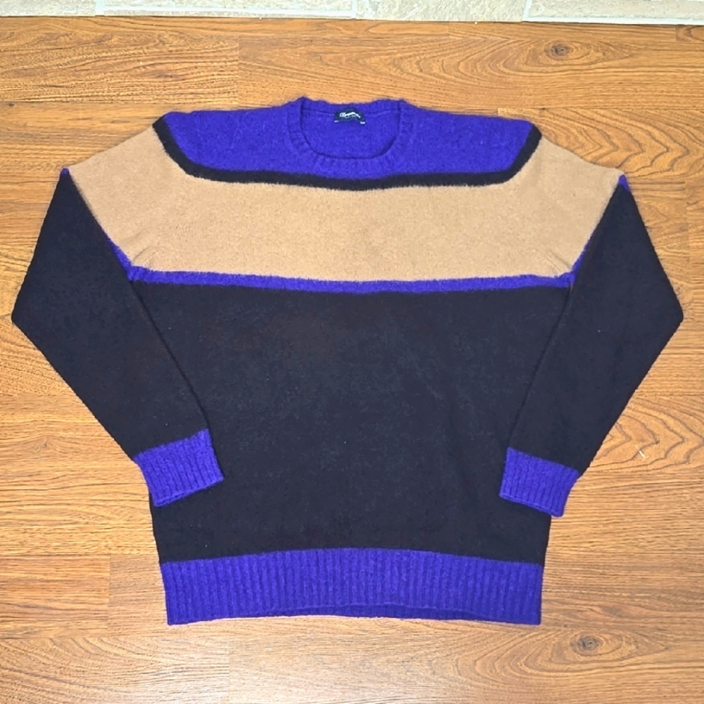 DRUMOHR 100% LAMBSWOOL CONTRAST STRIPES CREWNECK SUPER SOFT BLUE TAN BLACK